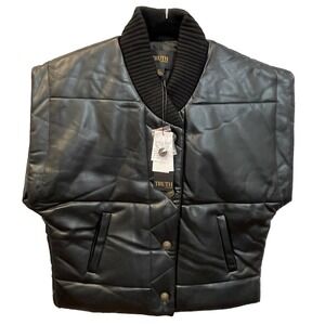 Truth by Republic Women's SP Faux Leather‎ Cap Sleeve Quilted Puffer Jacket Vest